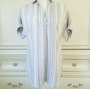 Lands End Stripe Linen Short Sleeve Popover Tunic Top Womens Small